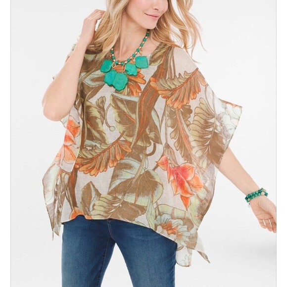 Chico's Tops - Chicos 100% Linen Poncho Tropical Punch Blouse Size S/M  Lagenlook Boho Beach